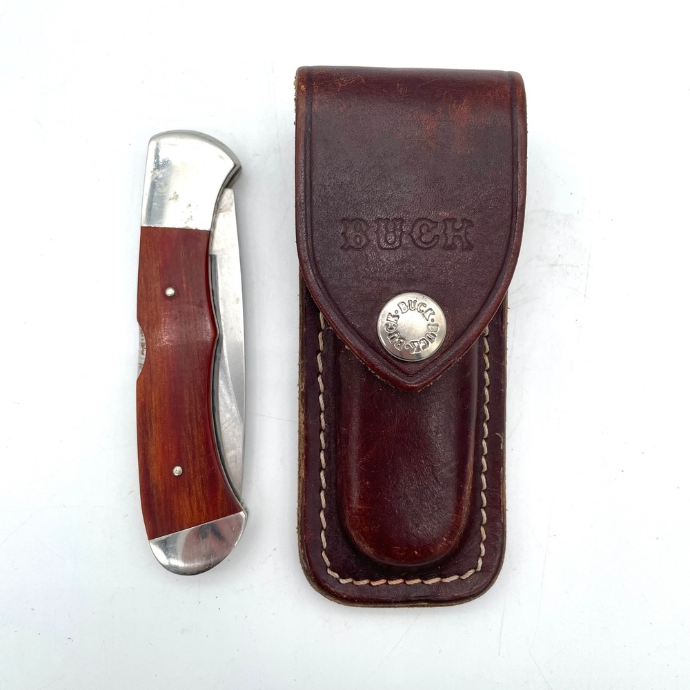 Buck 532+ BuckLock Folding Knife 1991 Wood Handle Brown Good Vintage USA Sheath